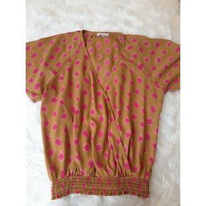 Allison Joy Shirt Top Blouse Greenish with Pink Elastic Stretch Bottom Sz Small